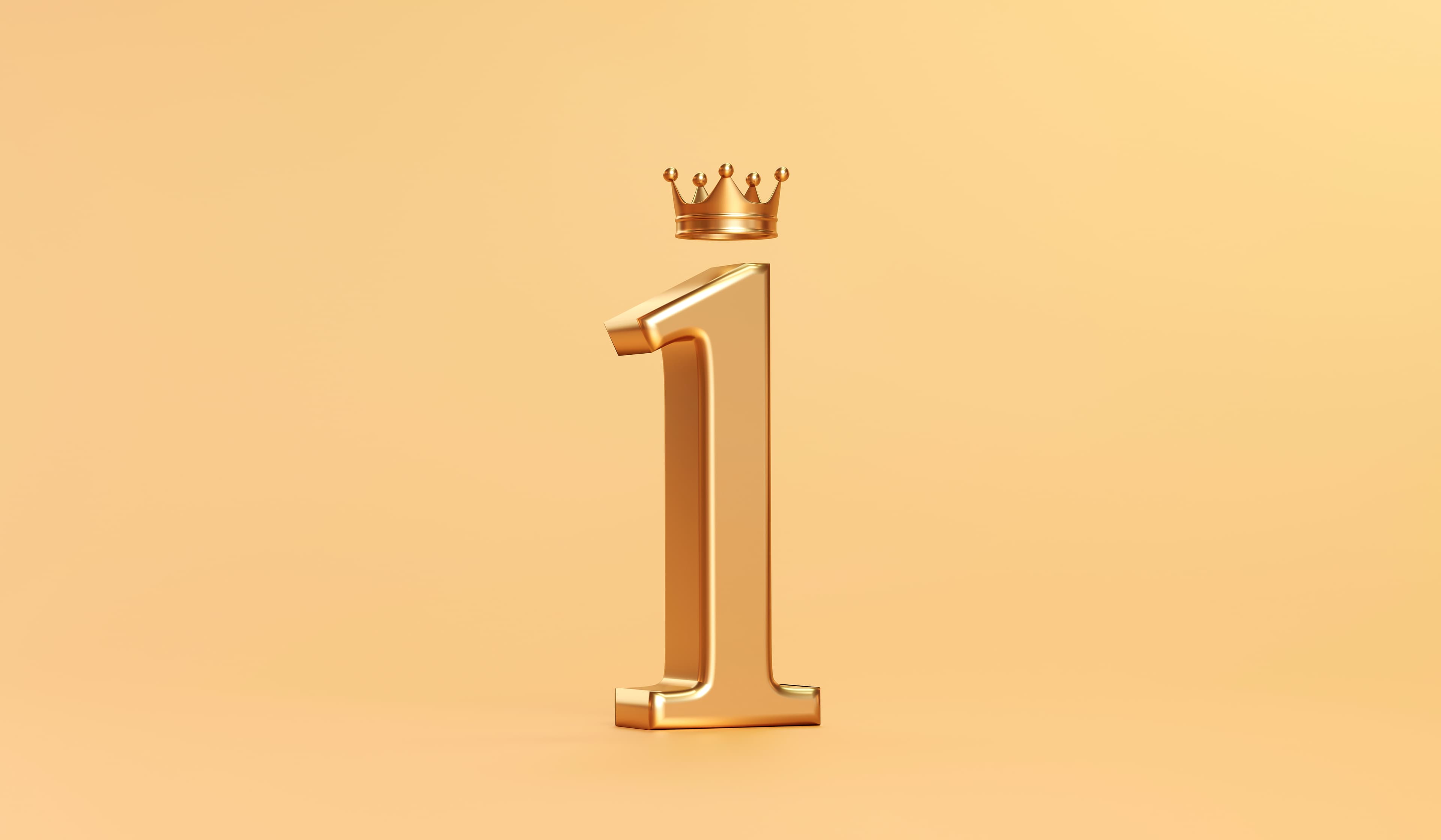 Gold number 1 and golden king crown award on success background with best of champion concept. 3D rendering.